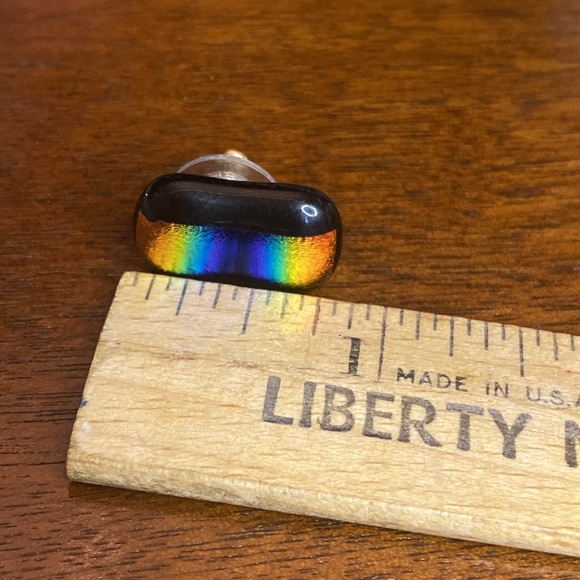 Dichroic Fused Glass Earrings Double Rainbow on Black Small Rectangle Posts - Picture 6 of 7